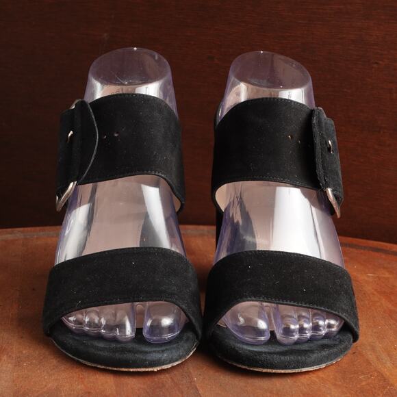 Stuart Weitzman Sandals WMS SZ 5.5M BLK Suede Block Heel Buckle Slingback Shoes - Picture 3 of 13